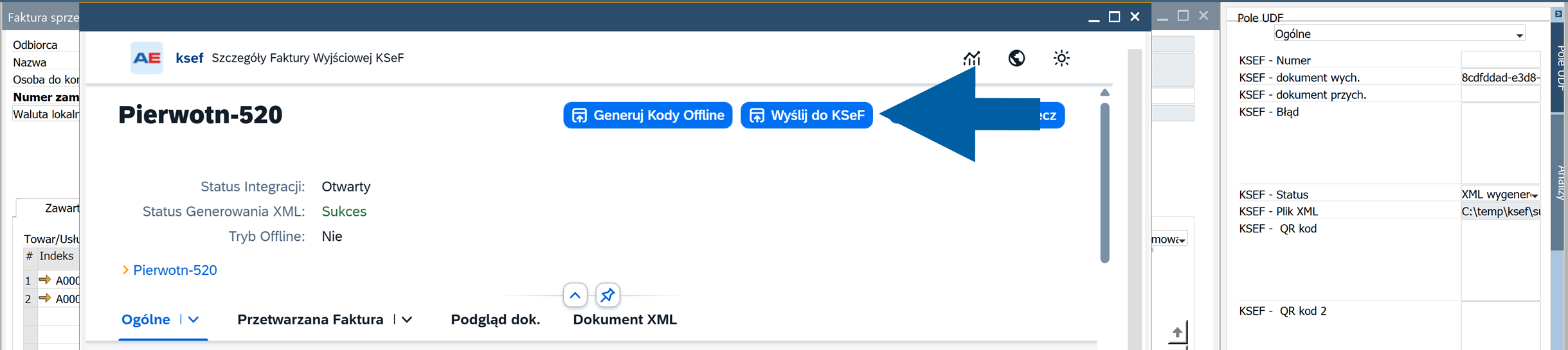 KSeF Communication menu with Send to KSeF selected.