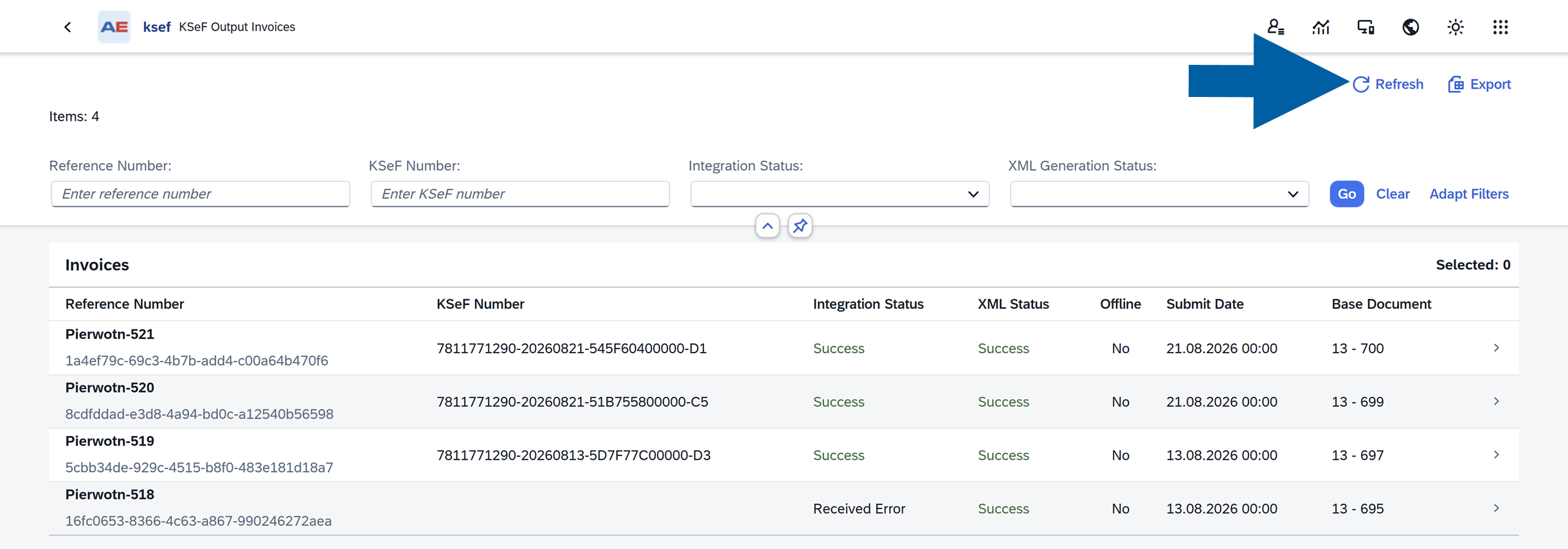 Output Invoices list with the Refresh button available to update invoice information.