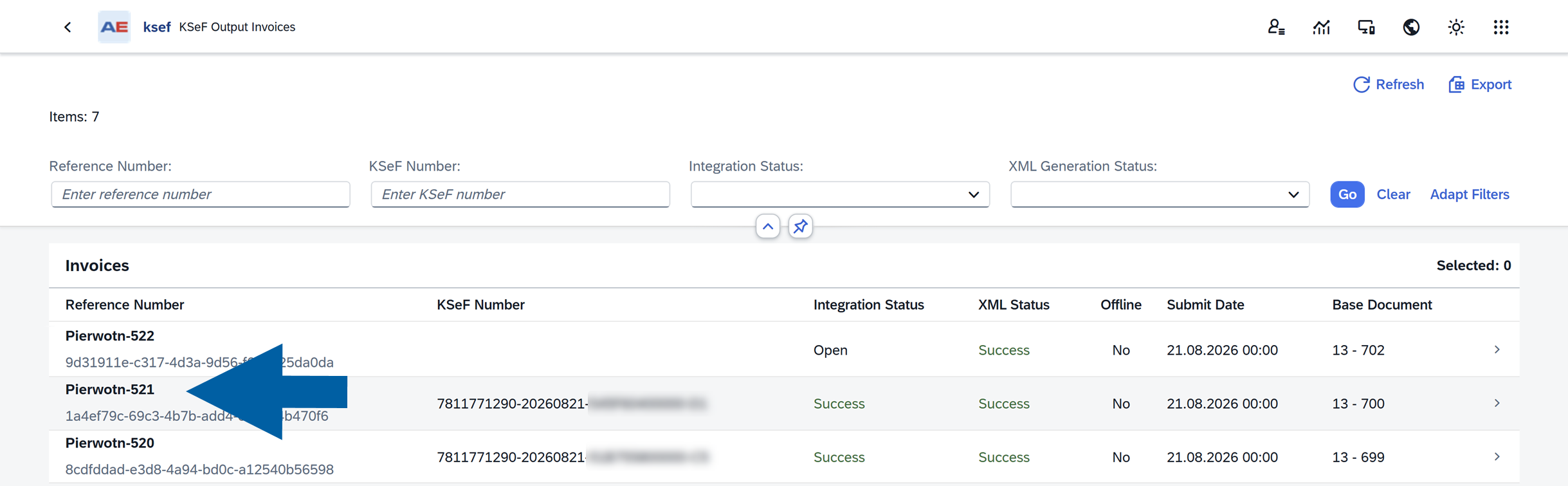 CompuTec KSeF Output Invoices list with an outgoing invoice selected