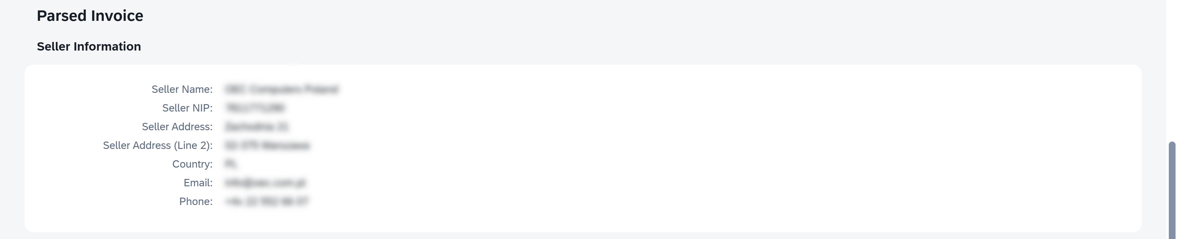 Parsed Invoice Seller Information section showing the seller name, NIP, and contact details