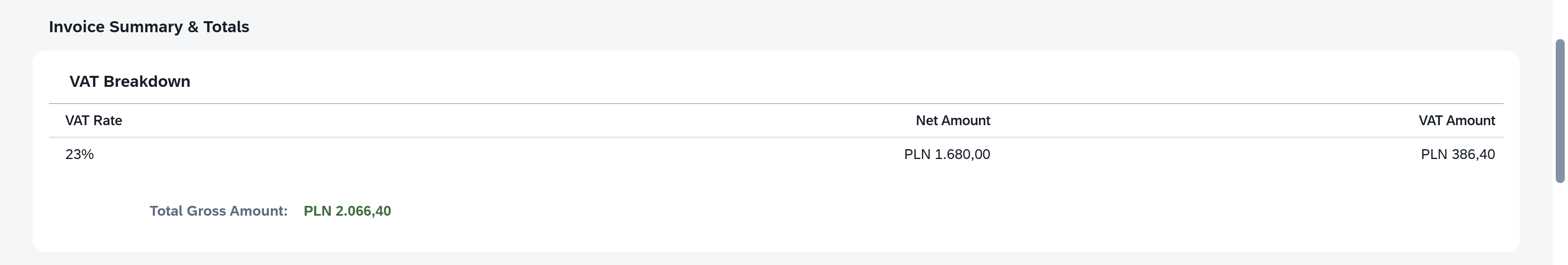 Parsed Invoice Summary and Totals section showing the VAT breakdown and total gross amount