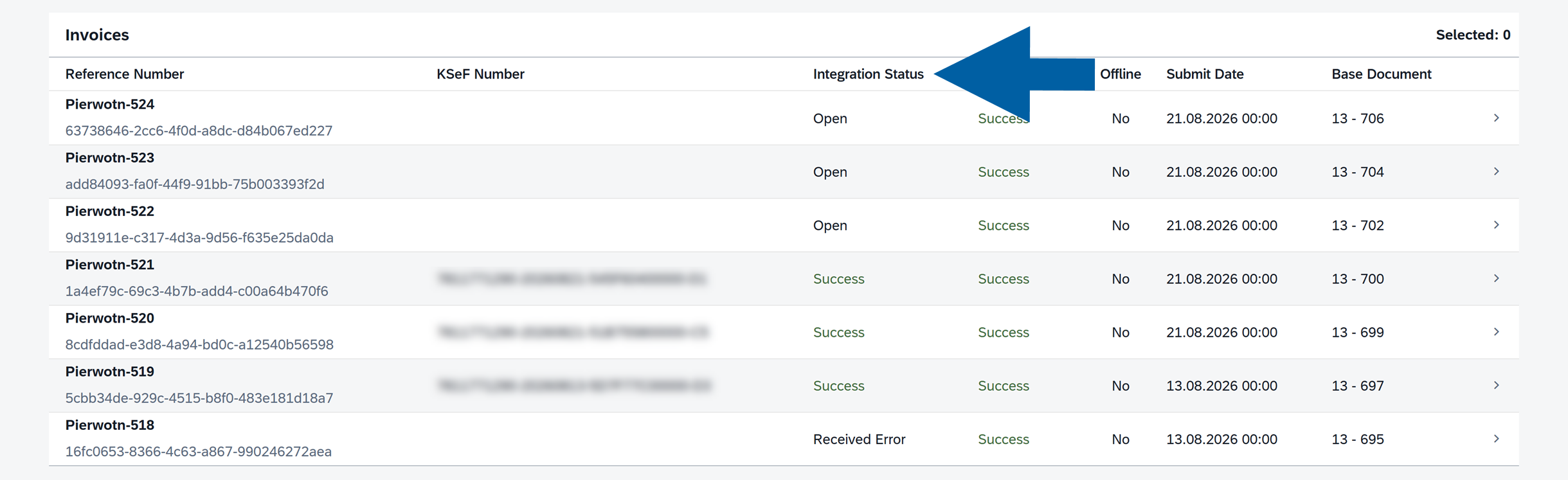 CompuTec KSeF invoice details showing the Integration Status field.