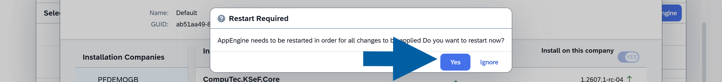Restart confirmation dialog for CompuTec AppEngine with a Yes button