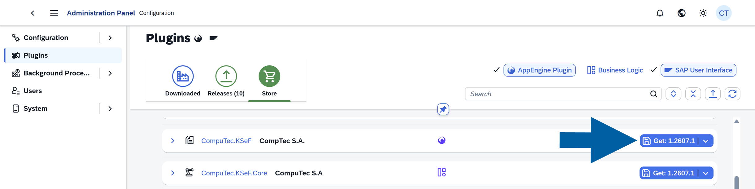 CompuTec AppEngine Plugins store showing the CompuTec.KSeF plugin with a Get button