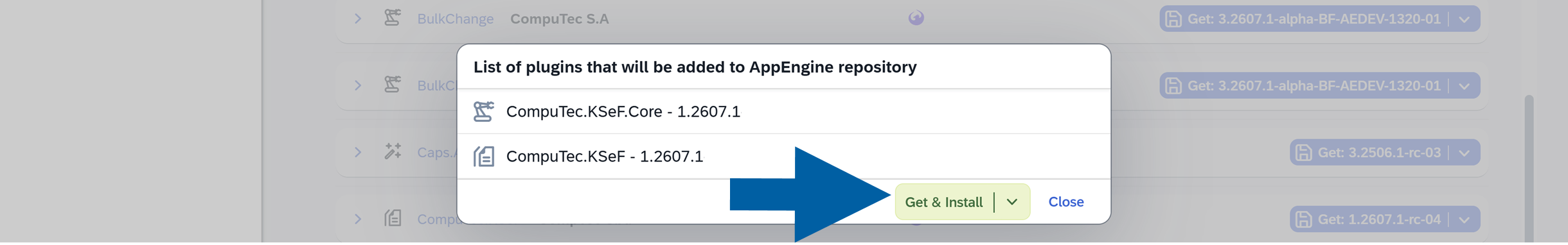 Confirmation dialog listing the CompuTec.KSeF plugins to add to the AppEngine repository with Get and Install and Close buttons