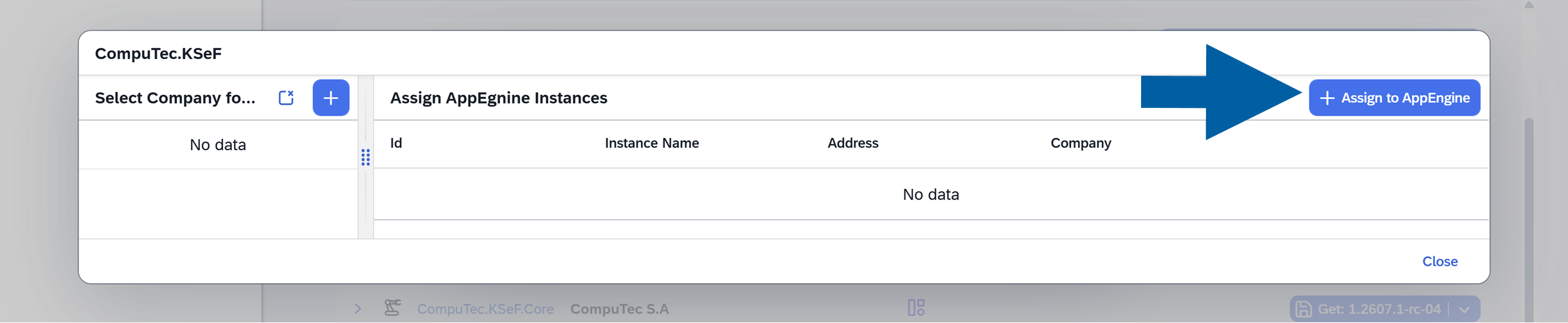 CompuTec.KSeF assignment dialog showing the Assign AppEngine Instances page and the Assign to AppEngine button