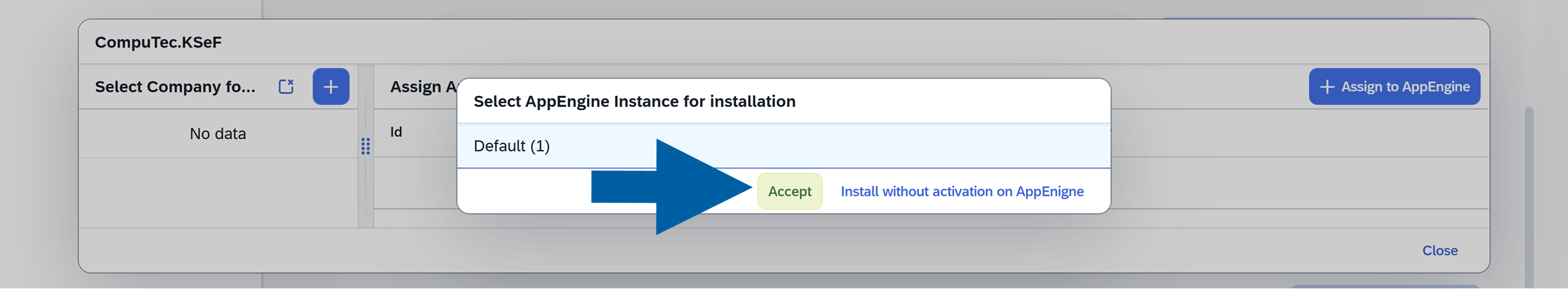 CompuTec AppEngine instance selection dialog for installing the CompuTec.KSeF plugin