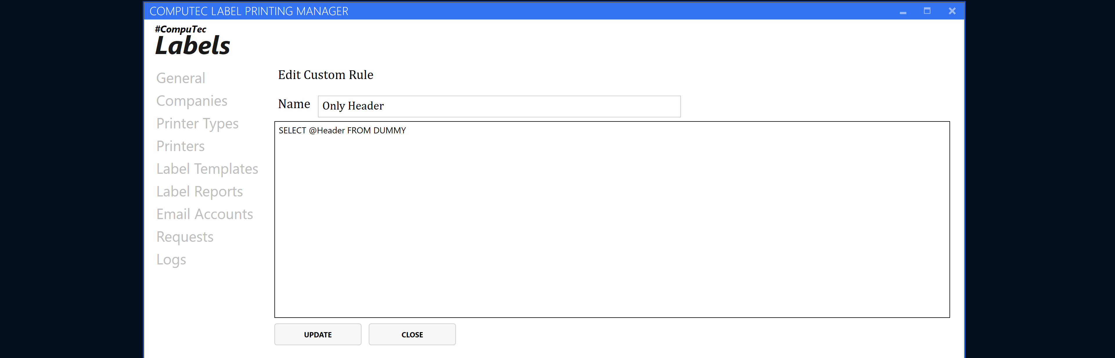 Custom condition editor with fields for the condition name, SQL statement, variables, and parameters