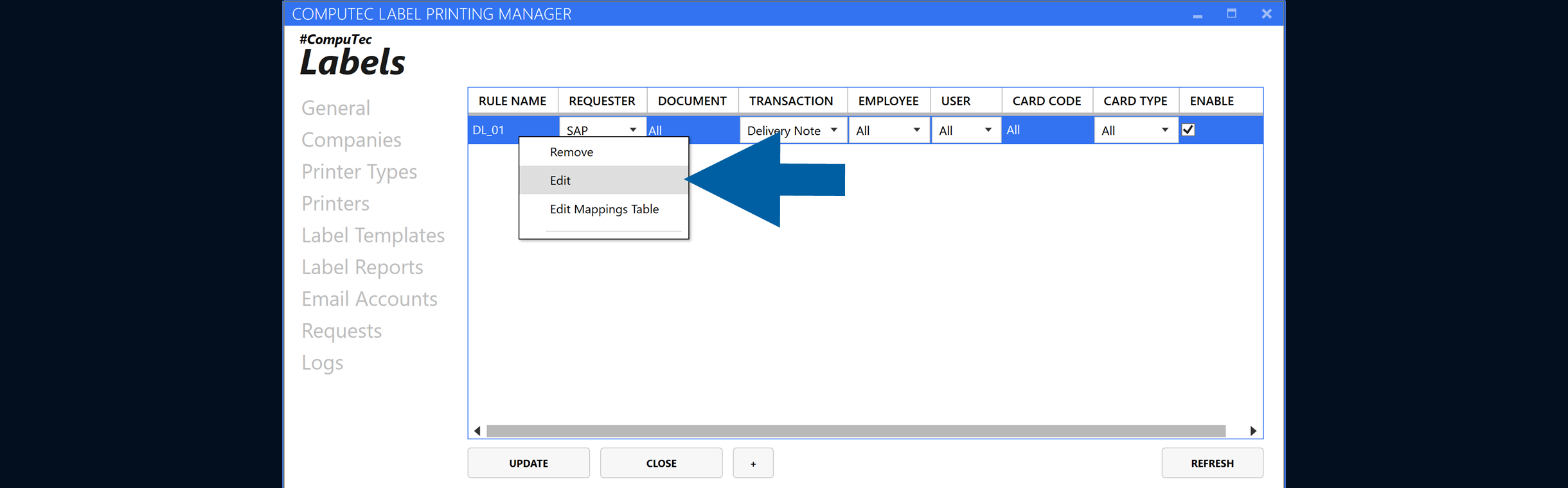 Report Rules context menu with Edit selected for an existing rule