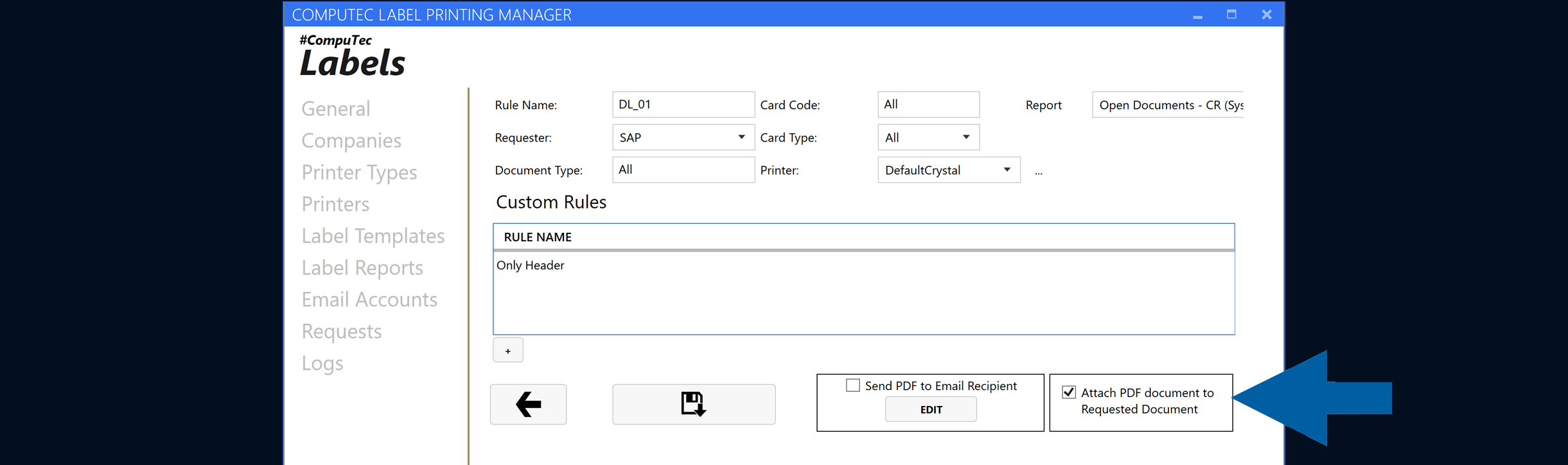 Report rule settings with Attach PDF document to Requested Document enabled