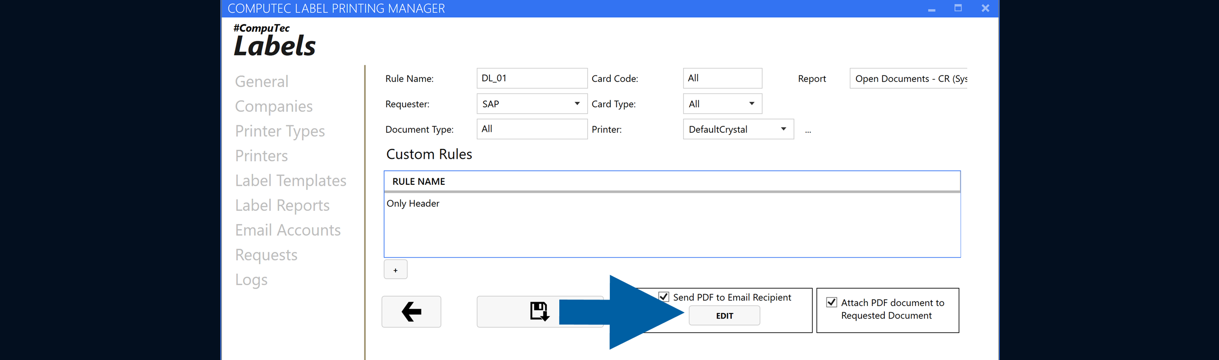 Email settings dialog with fields for the account, recipients, subject, and message body
