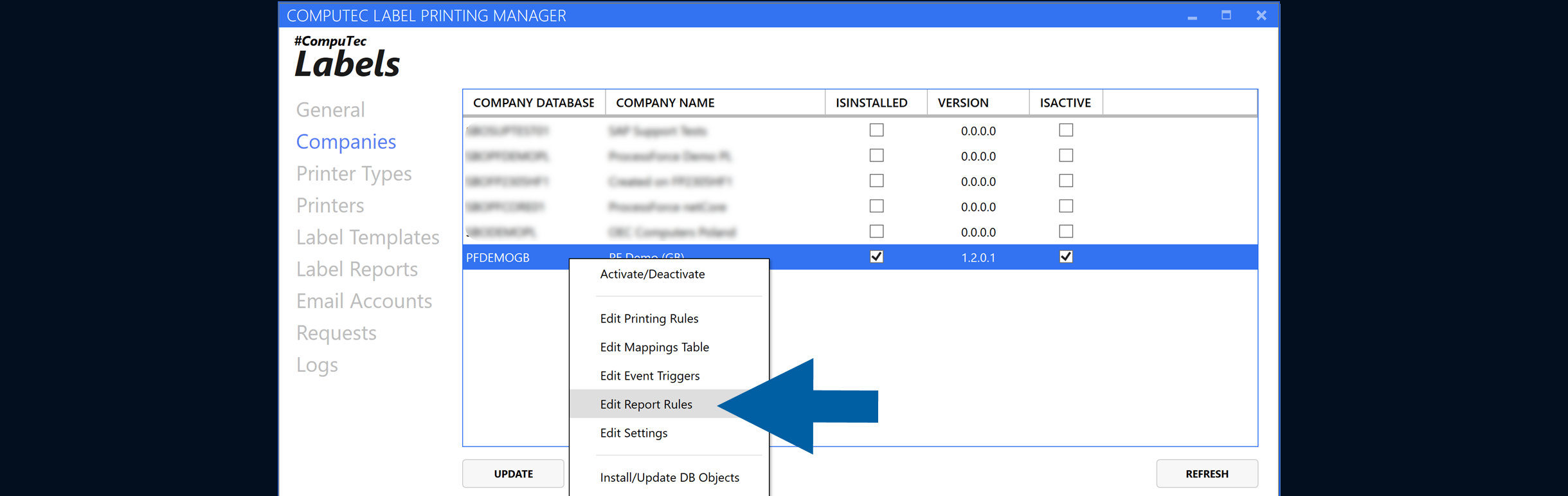 Companies screen with the selected company context menu open and Edit Report Rules highlighted