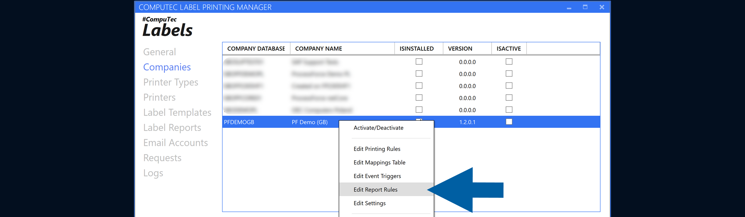 Company context menu with Edit Report Rules selected