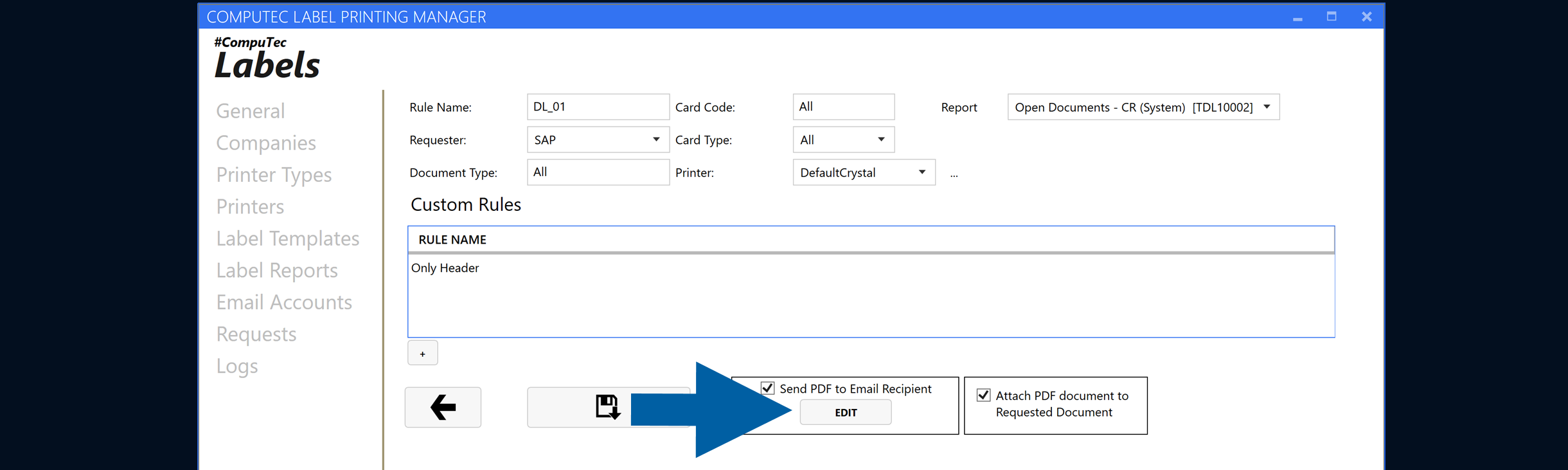 Report rule window with the email settings Edit button highlighted