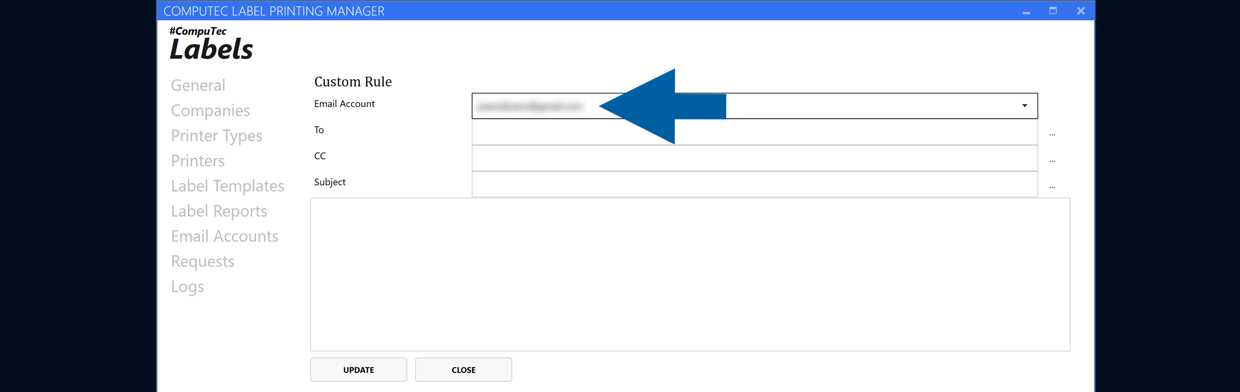 Email settings window with an email account selected