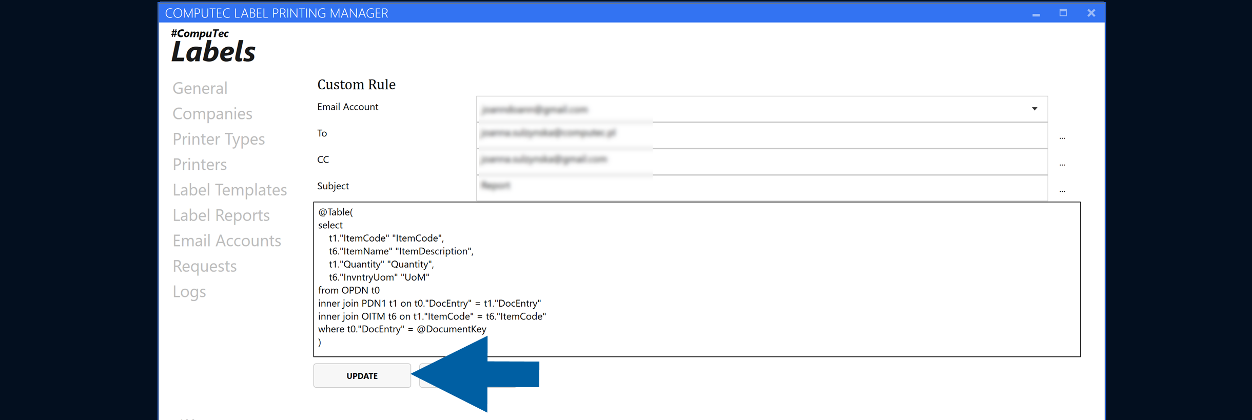 Email settings window with the Update button available to save changes