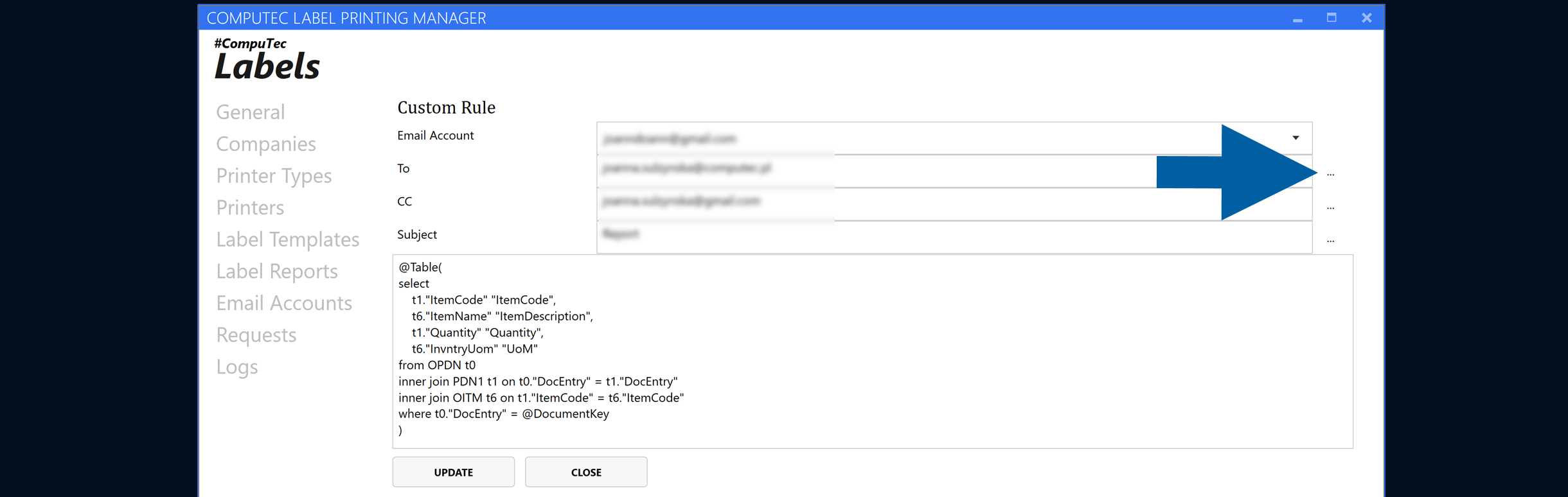 Email recipient field with the three-dot query button highlighted