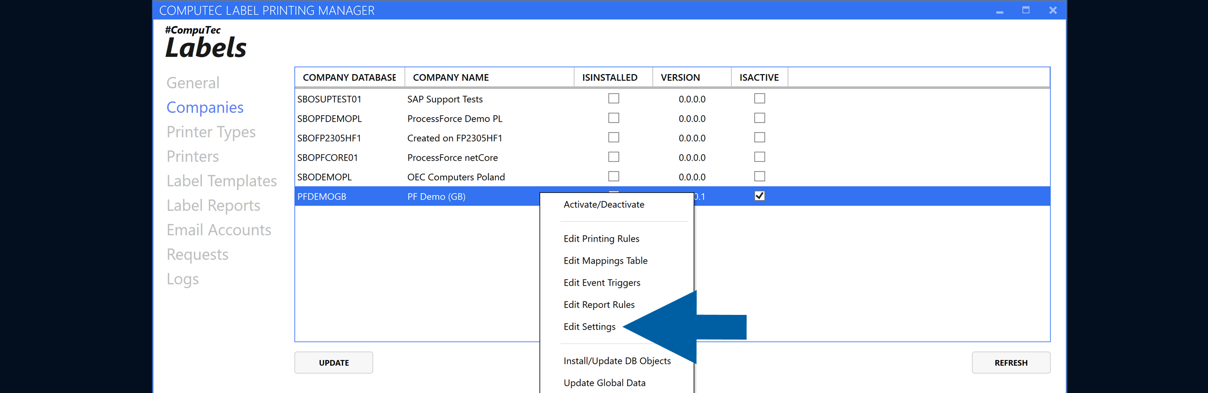 Companies screen context menu with Edit Settings selected