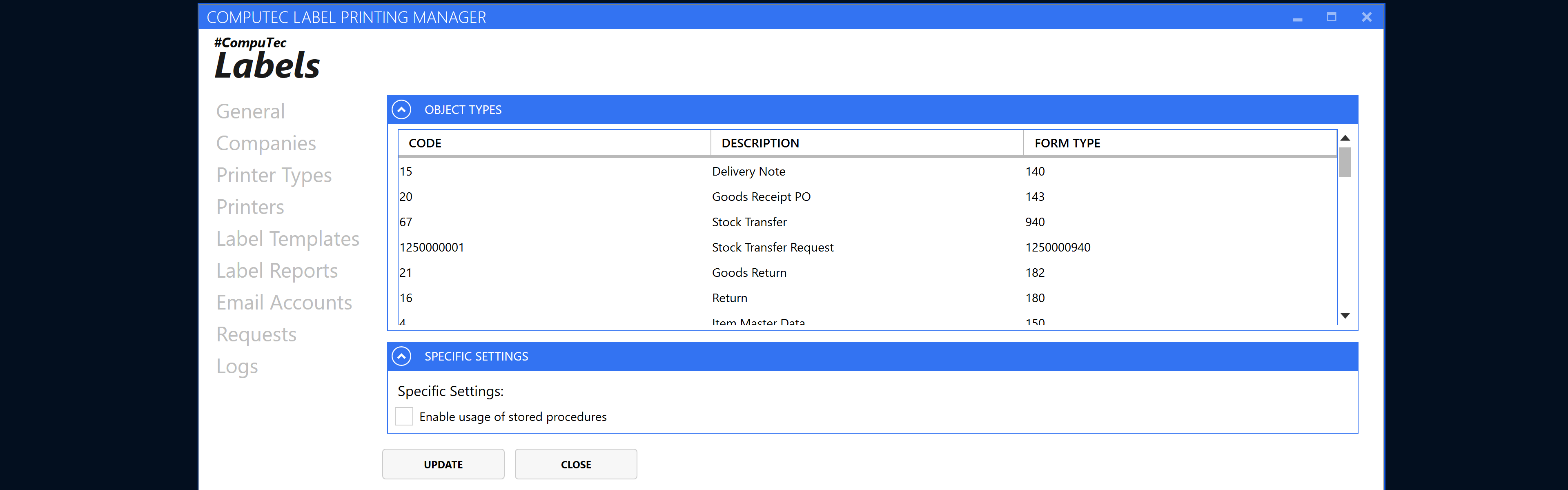 Company settings window showing the list of object types