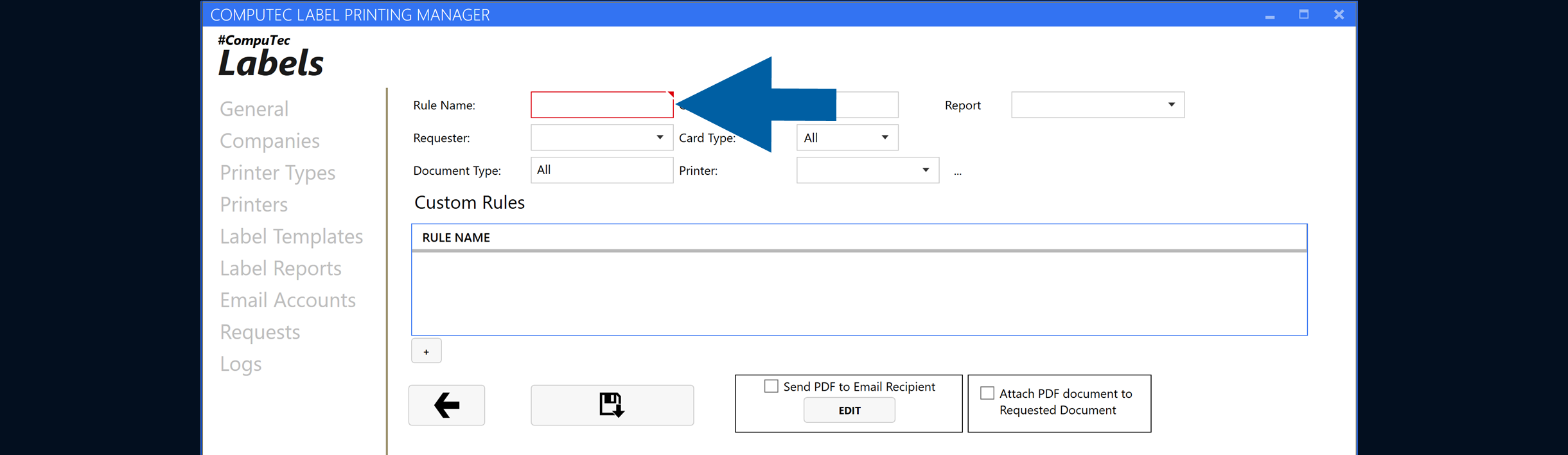 Report Rule configuration form with the Rule Name field