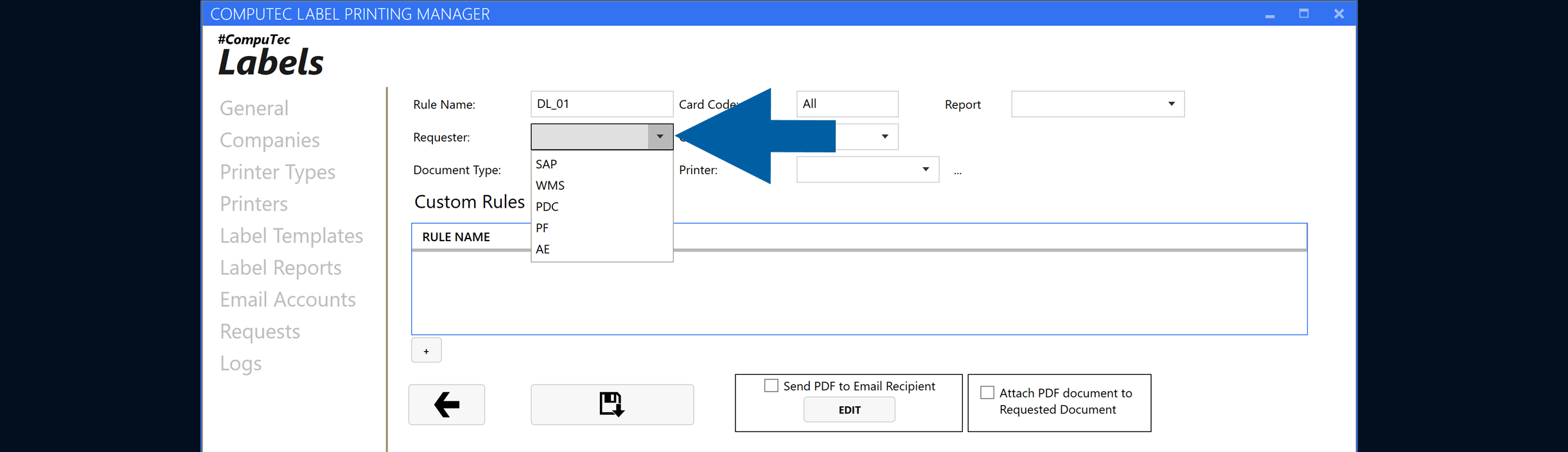 Report Rule configuration form with the Requester dropdown open