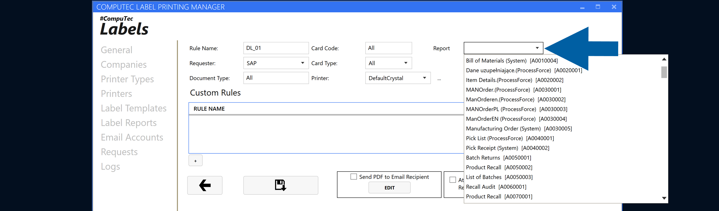 Report Rule configuration form with the Report field and available reports