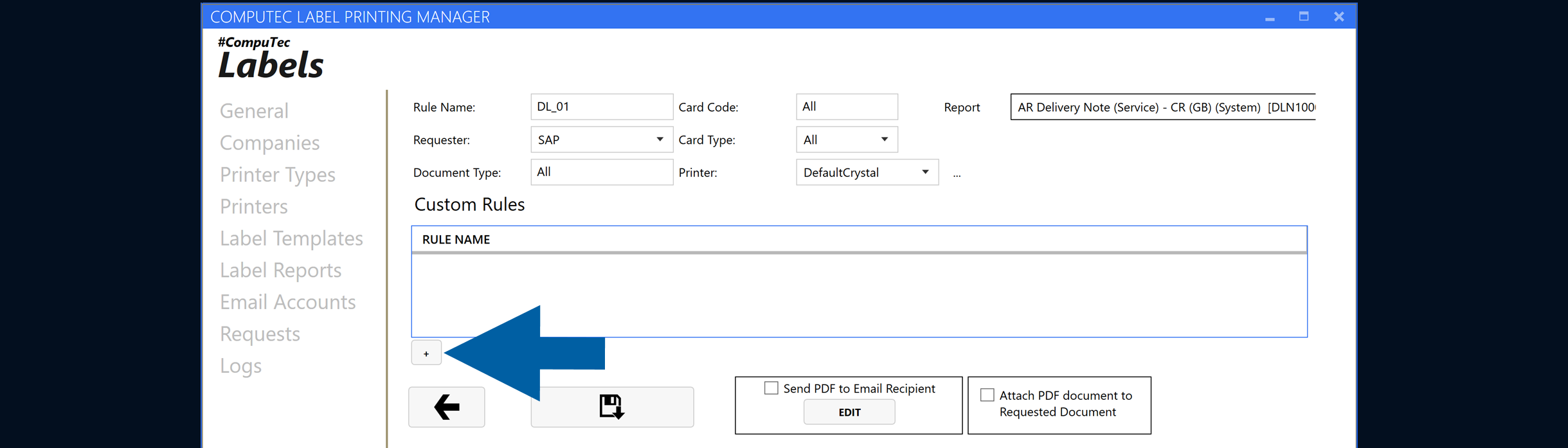 Report Rule configuration form with the Custom Rules section and Add condition plus icon