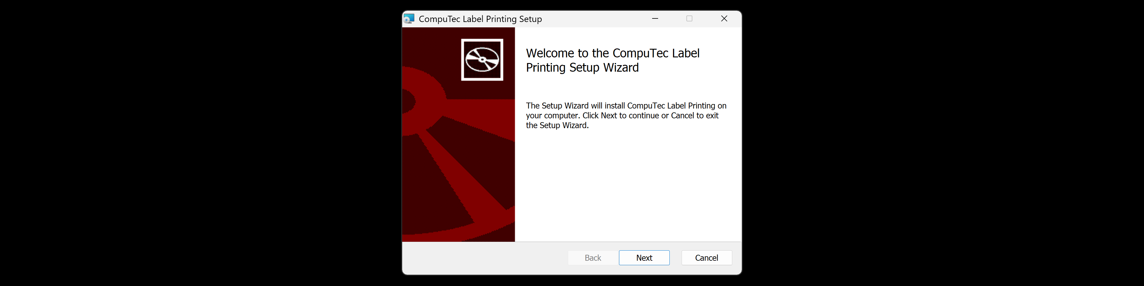 CompuTec Labels Printing Manager Setup Wizard welcome screen with Next and Cancel buttons