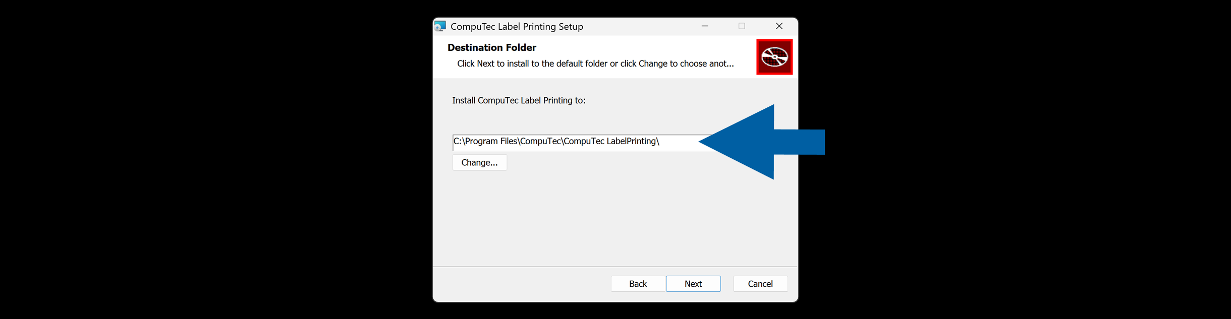 Setup Wizard screen for selecting the CompuTec Labels Printing Manager installation folder