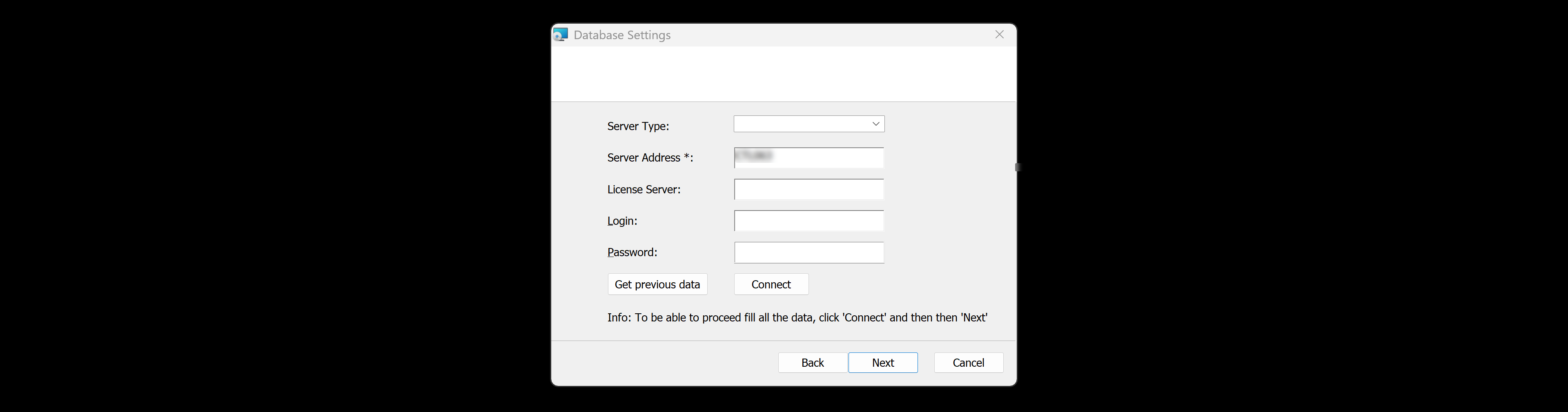 Setup Wizard screen shown before database configuration