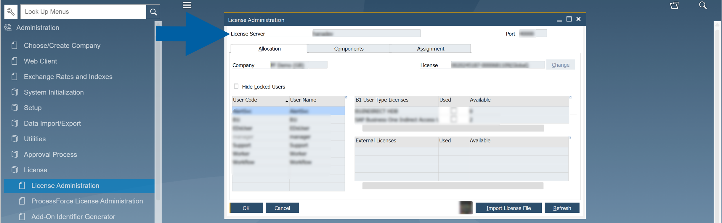 SAP Business One License Administration screen showing the License Server address and port