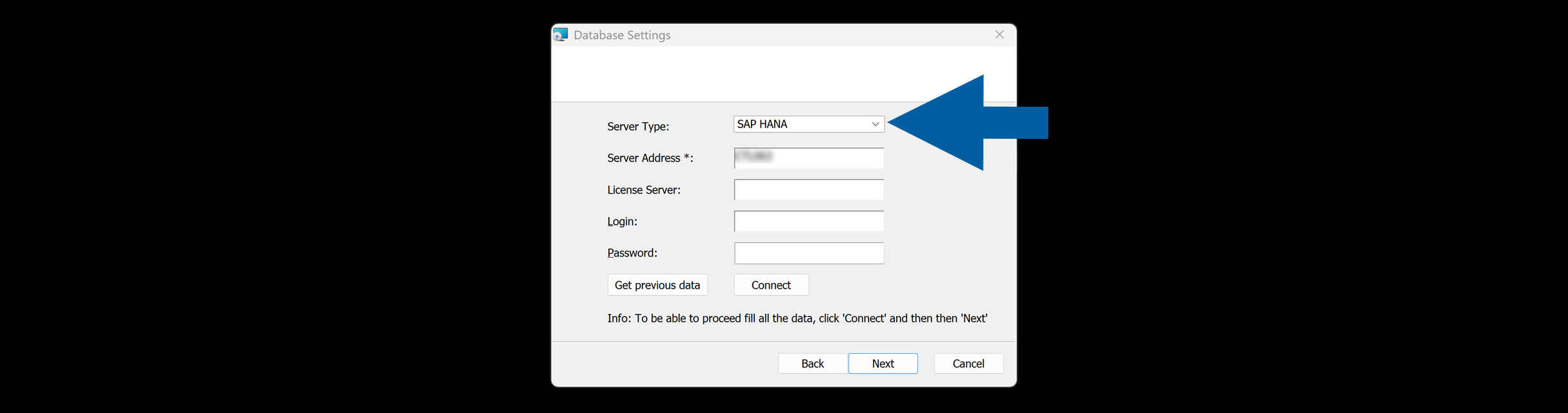 Database configuration screen with Microsoft SQL Server and SAP HANA options