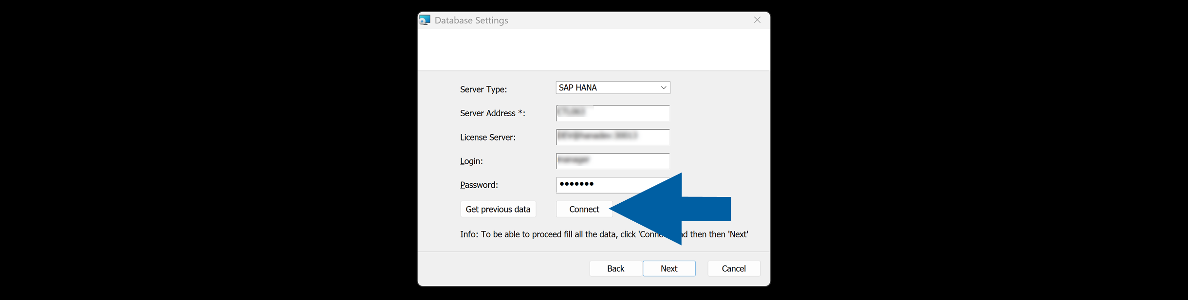 Database configuration screen with the Connect button