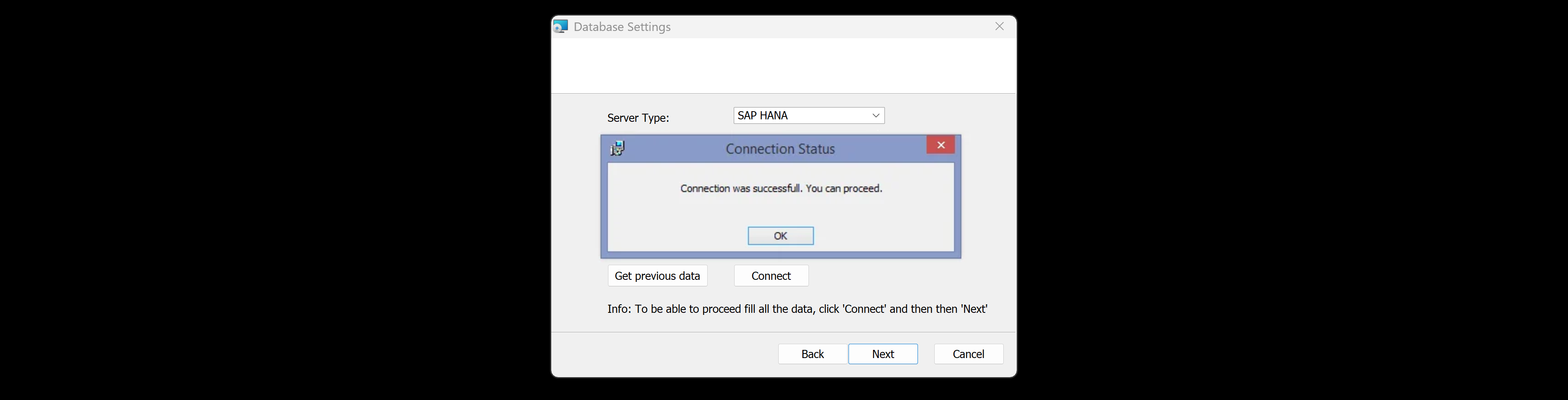Database configuration screen showing a successful connection