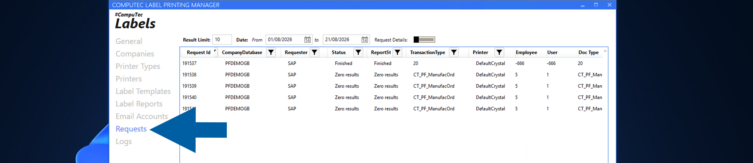 CompuTec Labels Printing Manager with Requests selected and the request list displayed
