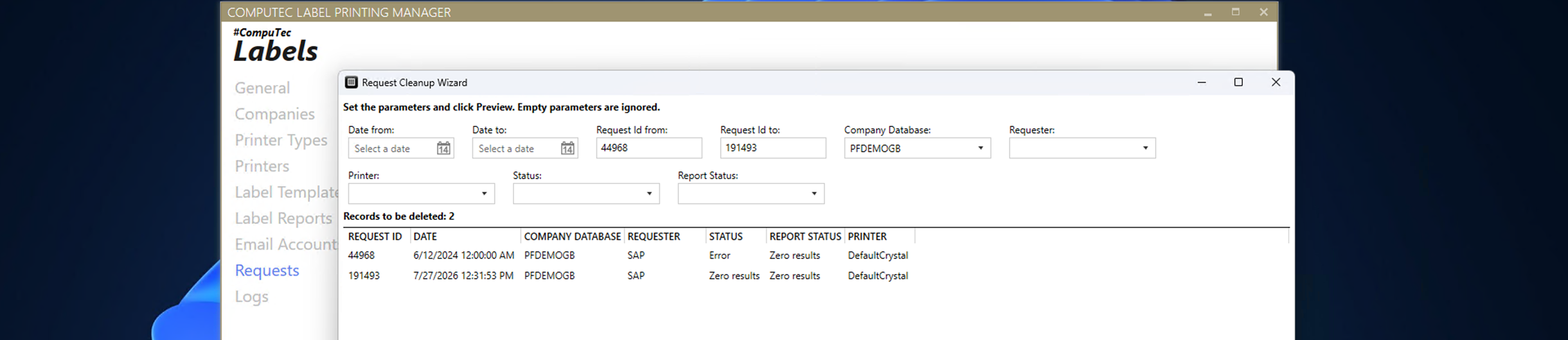 Request Cleanup Wizard preview showing matching requests in the Records to be deleted section