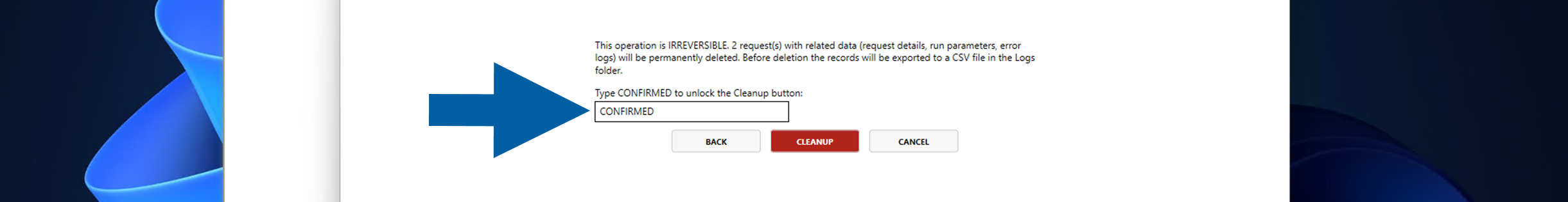 Request Cleanup Wizard confirmation screen with the deletion count and confirmation field