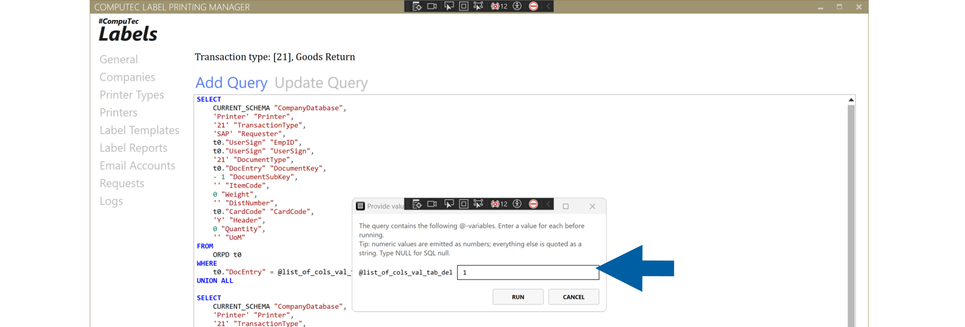 Parameter prompt dialog in CompuTec Labels showing a field for entering a query parameter value and buttons to run or cancel