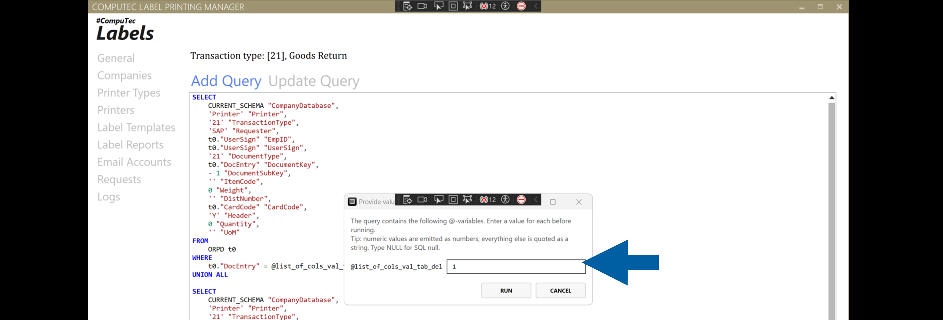 Parameter prompt dialog in CompuTec Labels showing a field for entering a query parameter value and buttons to run or cancel