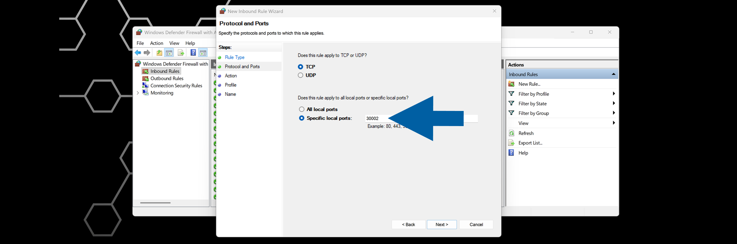 New Inbound Rule wizard page with TCP selected and specific local ports field set to 30002
