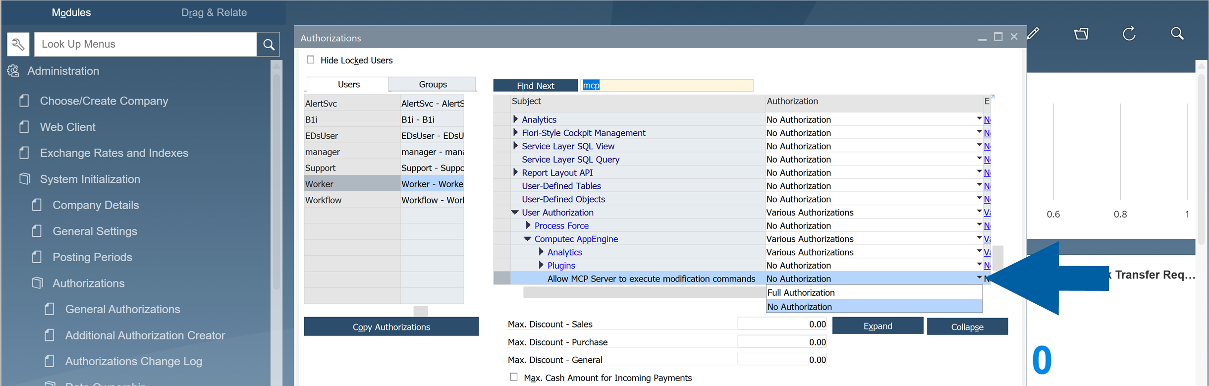 assigning authorizations to chosen users or gorups in sap b1
