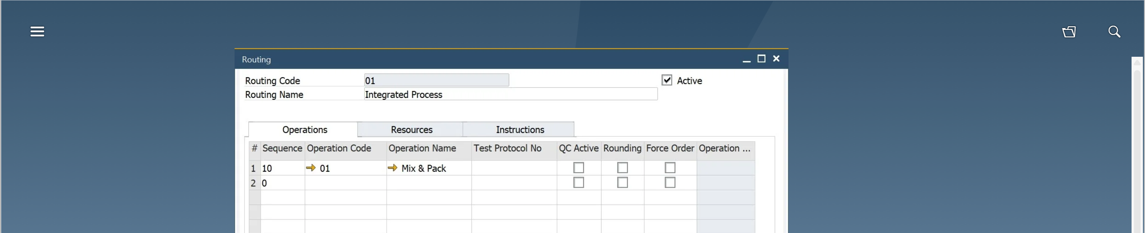 CompuTec ProcessForce Routing window in SAP Business One showing Routing Code 01 and Routing Name Integrated Process with Active checkbox checked and an Operations table listing sequence 10, operation code 01, and operation name Mix & Pack in a neutral instructional software interface