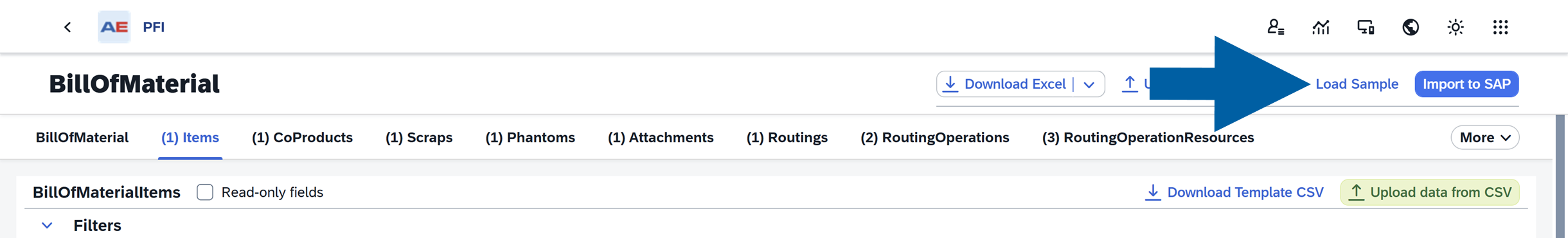 screen showing where to click to load sample