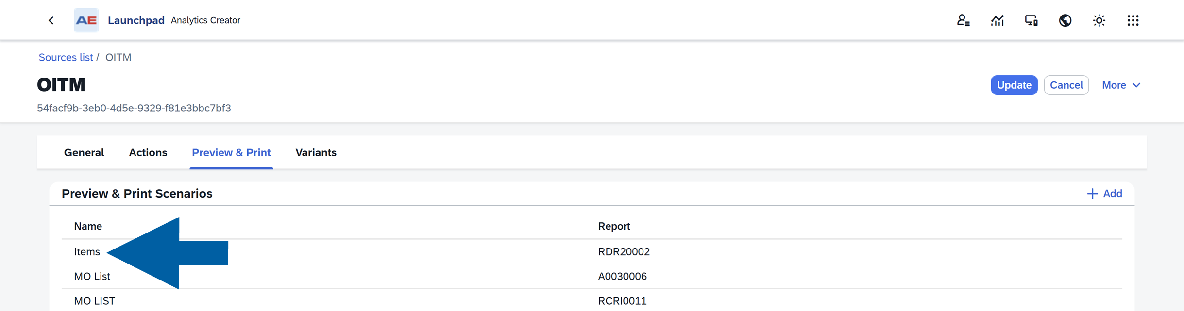 Preview and Print scenarios table in AppEngine Launchpad source manager showing the row named Items with report RDR20002 selected. The interface includes tabs labeled General Actions Preview & Print Variants, a header for source OITM with ID 54facf9b-3eb0-4d5e-9329-f81e3bbc7bf3, and a clean business application layout with a blue arrow pointing to the Items entry.