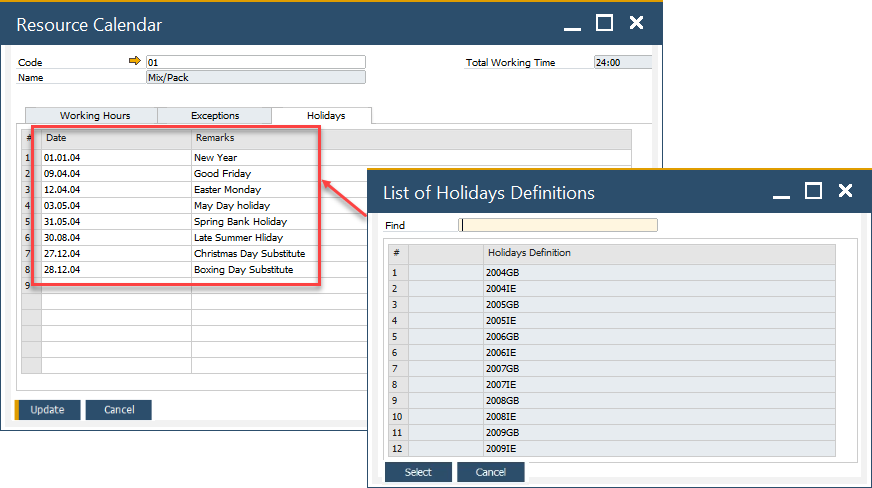 Resource Calendar Holidays Update