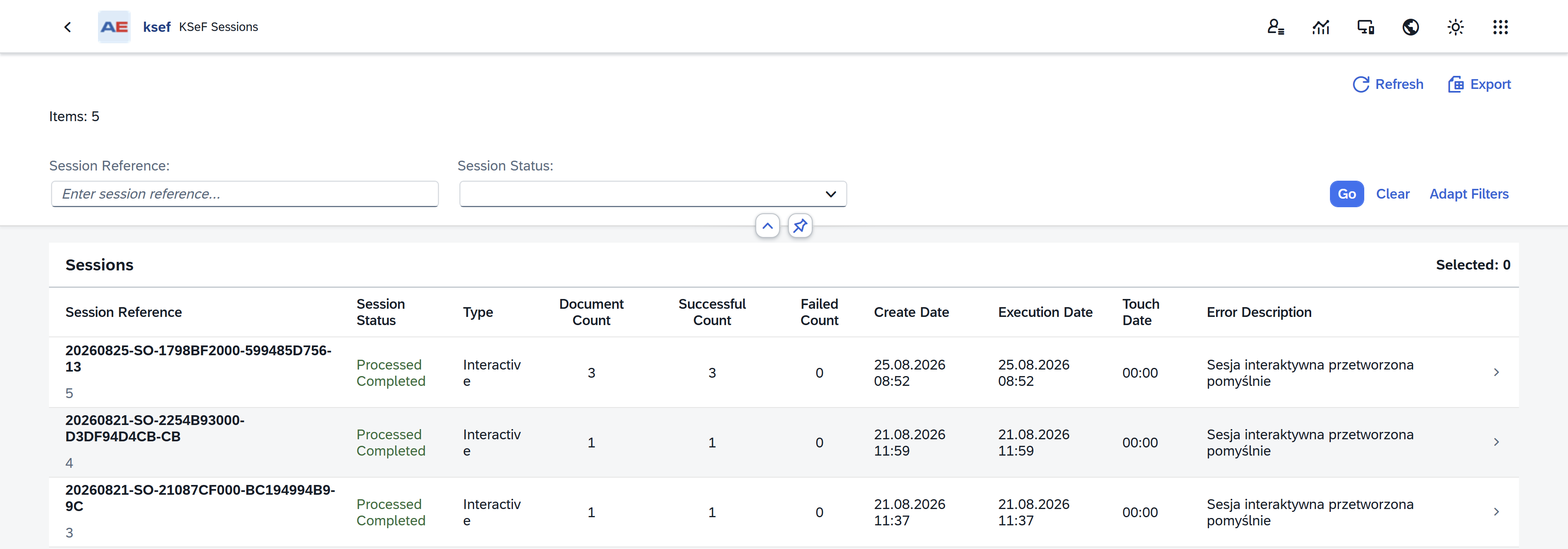 Sessions page displaying the list of KSeF sessions