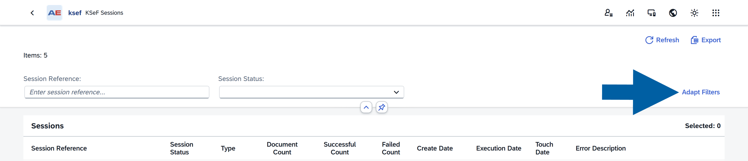 Sessions page with the Adapt Filters control