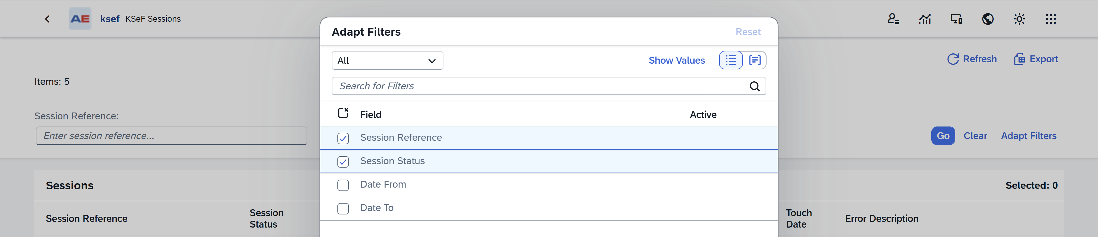 Filter selection dialog with Session Reference, Session Status, Date From, and Date To options