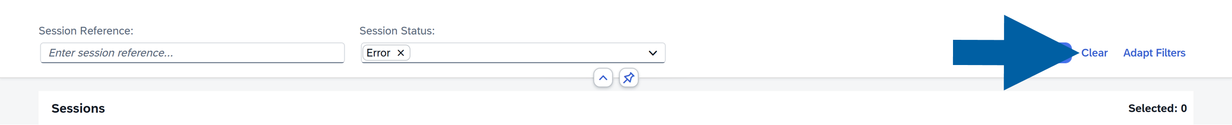 Sessions page with the Clear control for removing filter values