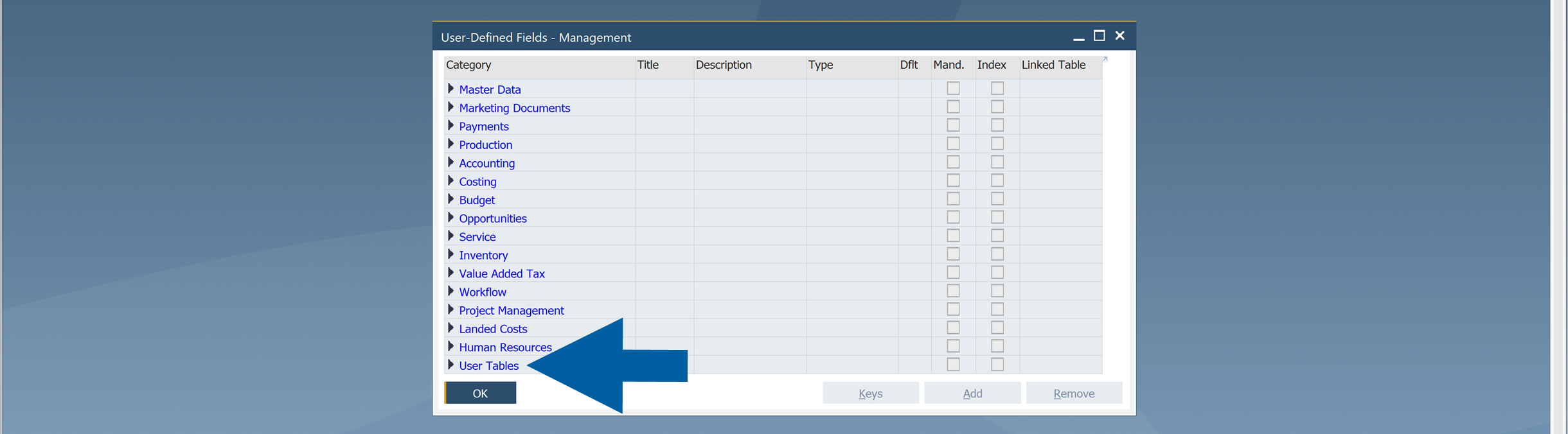 User-Defined Fields Management window with User Tables selected in SAP Business One